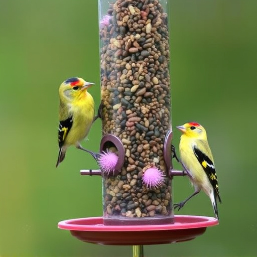 Goldfinches on thistle seed feeder