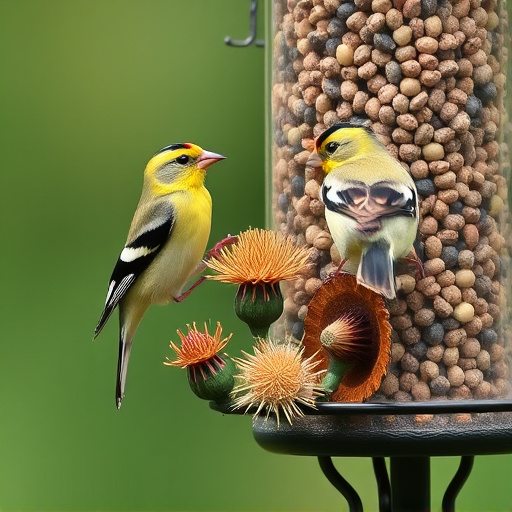 Goldfinches on thistle seed feeder