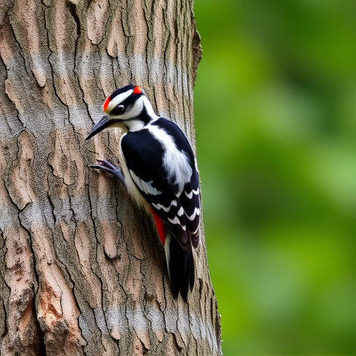 Great spotted woodpecker on tree trunk
