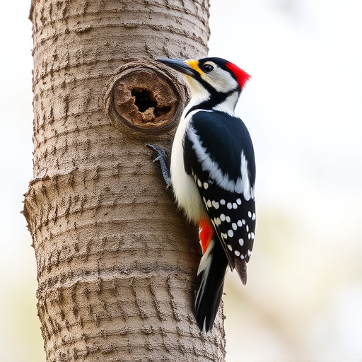 Great spotted woodpecker on tree trunk