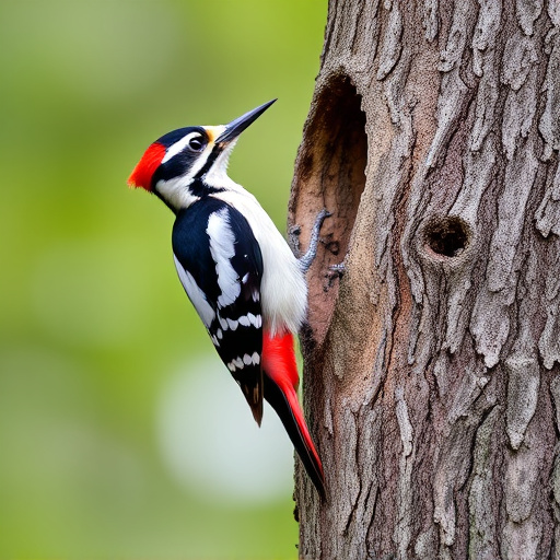 Great spotted woodpecker on tree trunk