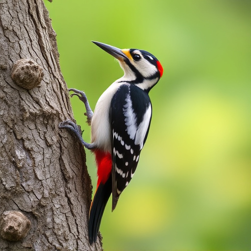 Great spotted woodpecker on tree trunk