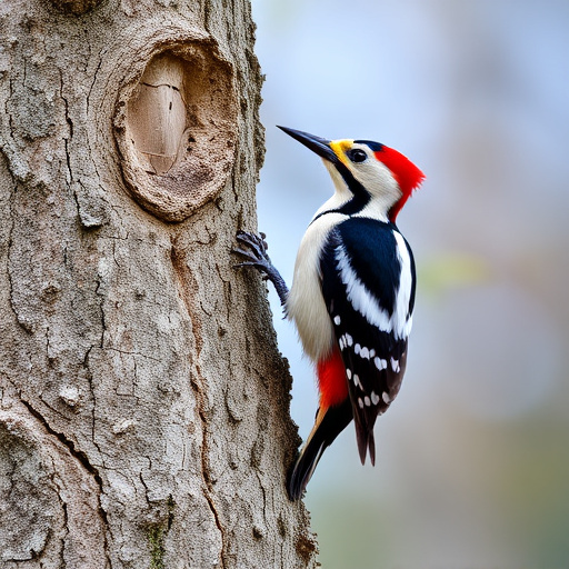 Great spotted woodpecker on tree trunk