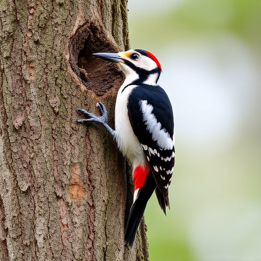 Great spotted woodpecker on tree trunk