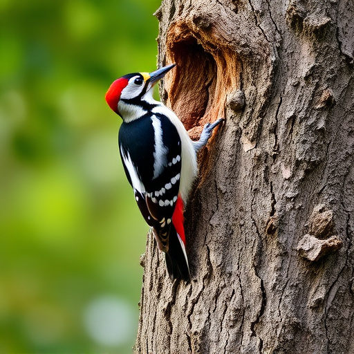 Great spotted woodpecker on tree trunk