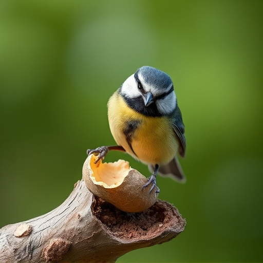 Great tit cracking open peanut shell