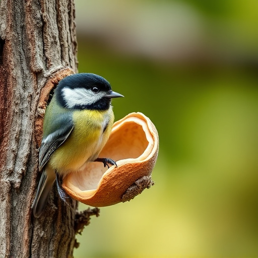 Great tit cracking open peanut shell