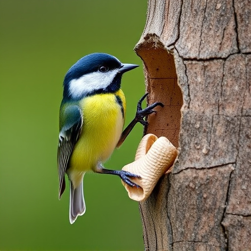 Great tit cracking open peanut shell