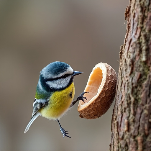 Great tit cracking open peanut shell