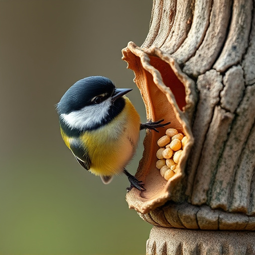 Great tit cracking open peanut shell