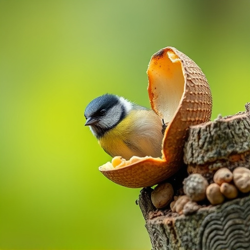 Great tit cracking open peanut shell