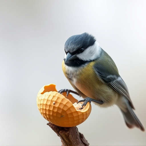Great tit cracking open peanut shell
