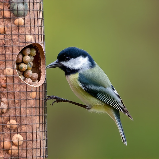 Great tit pecking at suet pellet block