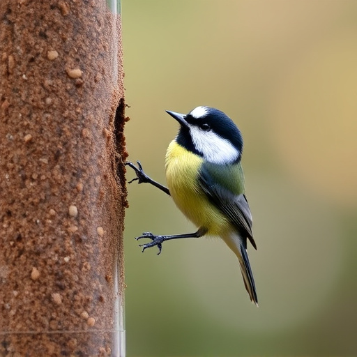 Great tit pecking at suet pellet block