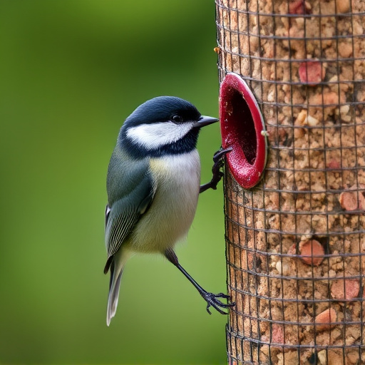 Great tit pecking at suet pellet block