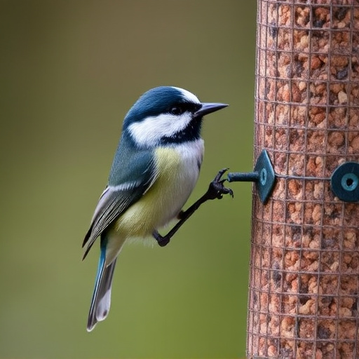 Great tit pecking at suet pellet block
