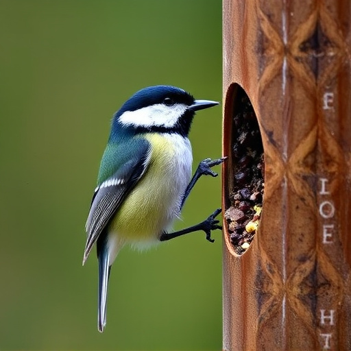 Great tit pecking at suet pellet block