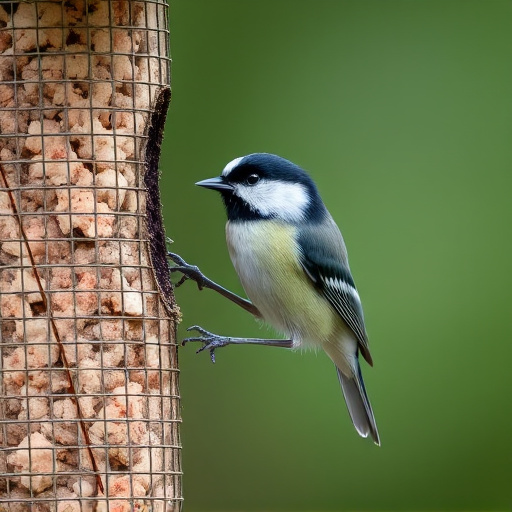 Great tit pecking at suet pellet block
