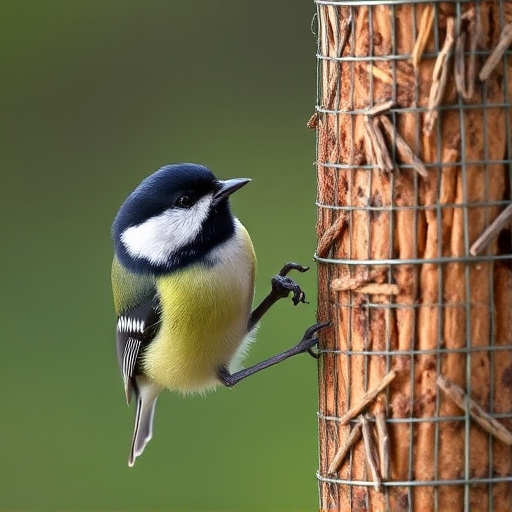 Great tit pecking at suet pellet block