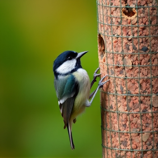 Great tit pecking at suet pellet block