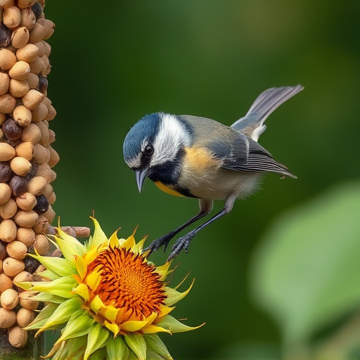 Great tit pecking at sunflower seeds