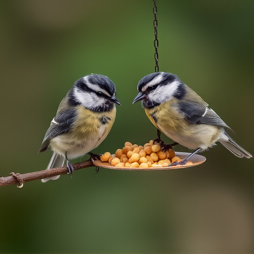 Great tits feeding on suet pellets
