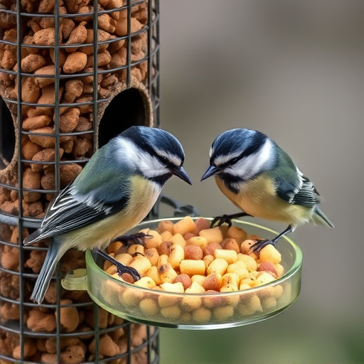 Great tits feeding on suet pellets