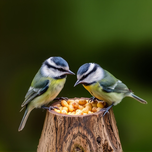 Great tits feeding on suet pellets