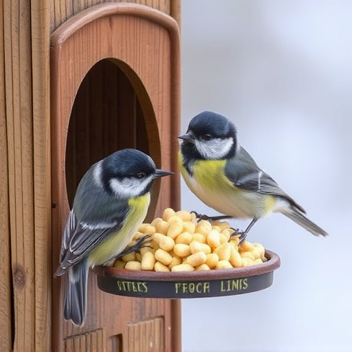 Great tits feeding on suet pellets