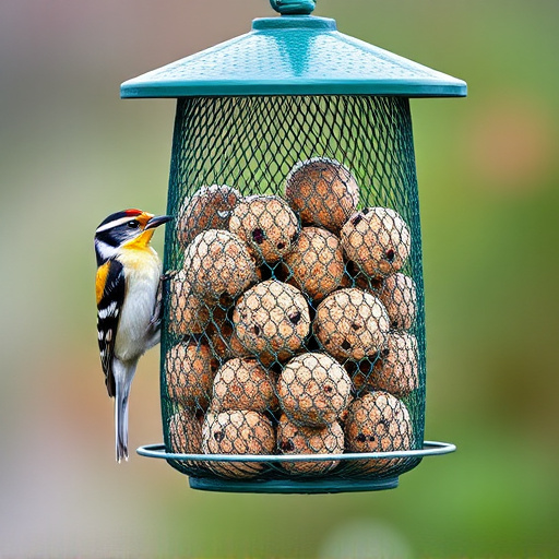 Green mesh feeder filled with suet balls