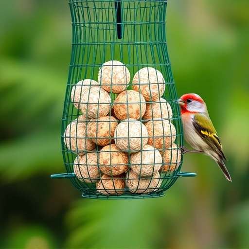 Green mesh feeder filled with suet balls