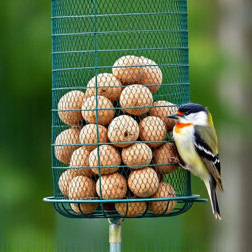 Green mesh feeder filled with suet balls
