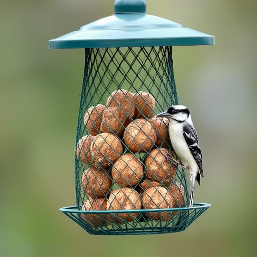 Green mesh feeder filled with suet balls