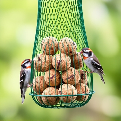 Green mesh feeder filled with suet balls