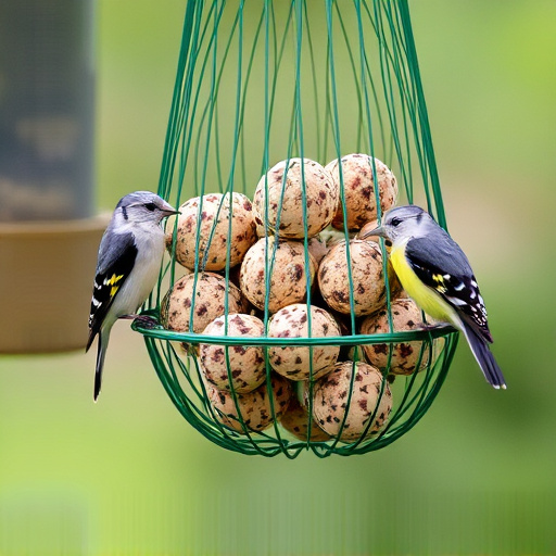 Green mesh feeder filled with suet balls