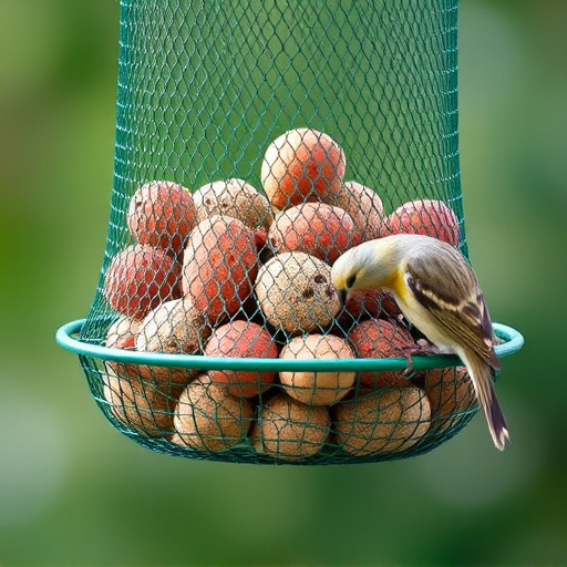 Green mesh feeder filled with suet balls