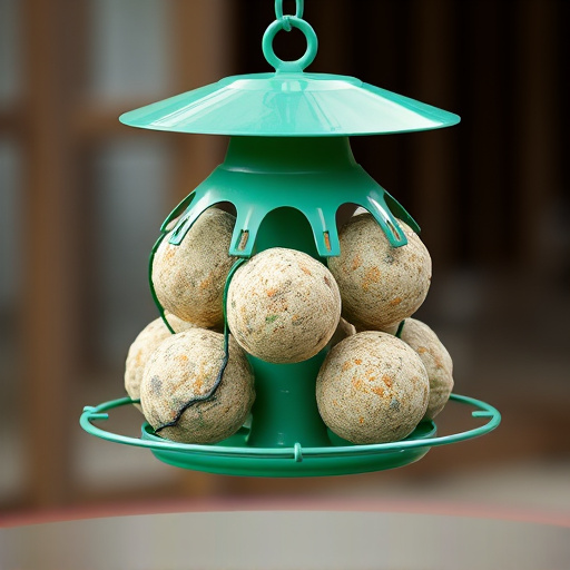 Green metal feeder holding multiple fat balls