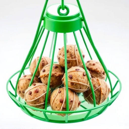 Green metal feeder holding multiple fat balls