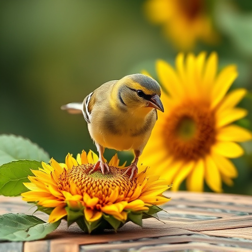 Greenfinch eating sunflower hearts at table