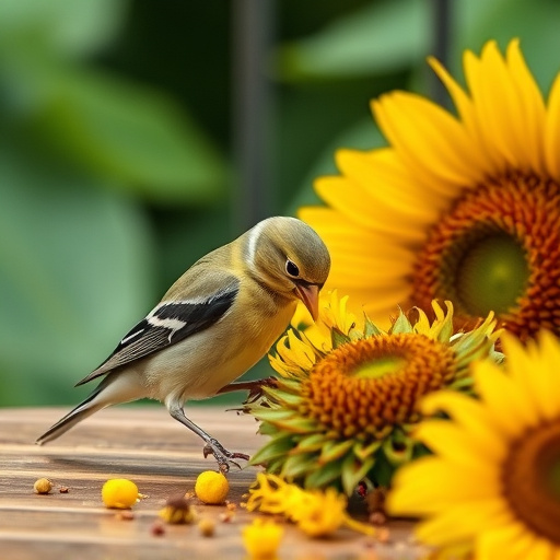 Greenfinch eating sunflower hearts at table