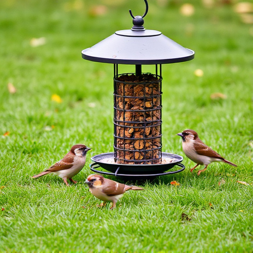Ground bird feeder on lawn with sparrows