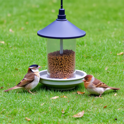 Ground bird feeder on lawn with sparrows