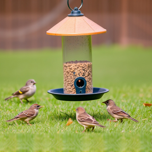 Ground bird feeder on lawn with sparrows