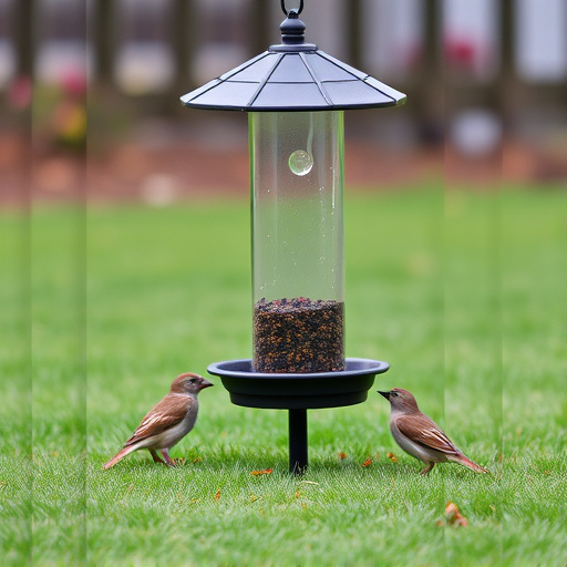 Ground bird feeder on lawn with sparrows