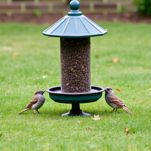 Ground bird feeder on lawn with sparrows