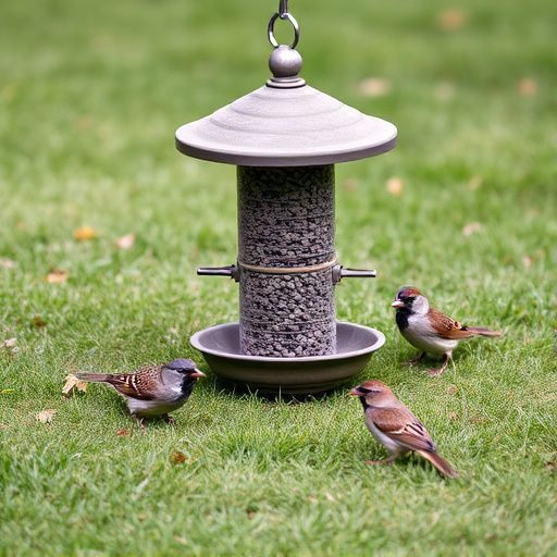 Ground bird feeder on lawn with sparrows