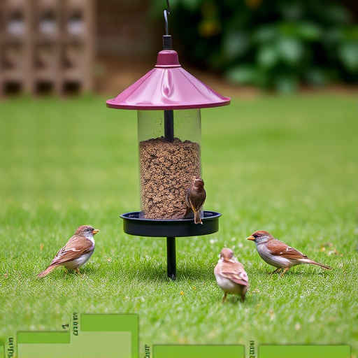 Ground bird feeder on lawn with sparrows