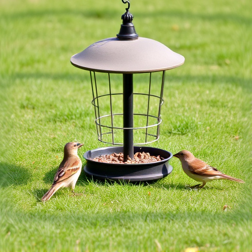 Ground bird feeder on lawn with sparrows