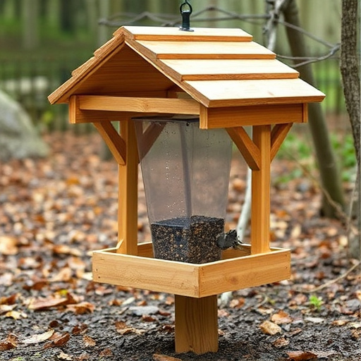 Ground-level feeder with wooden rain canopy