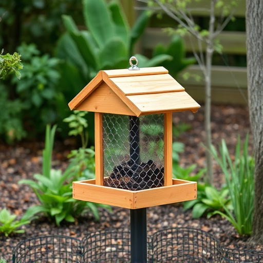 Ground-level feeder with wooden rain canopy